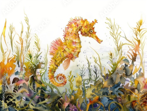 The seahorse painted in watercolor swims among the seagrasses