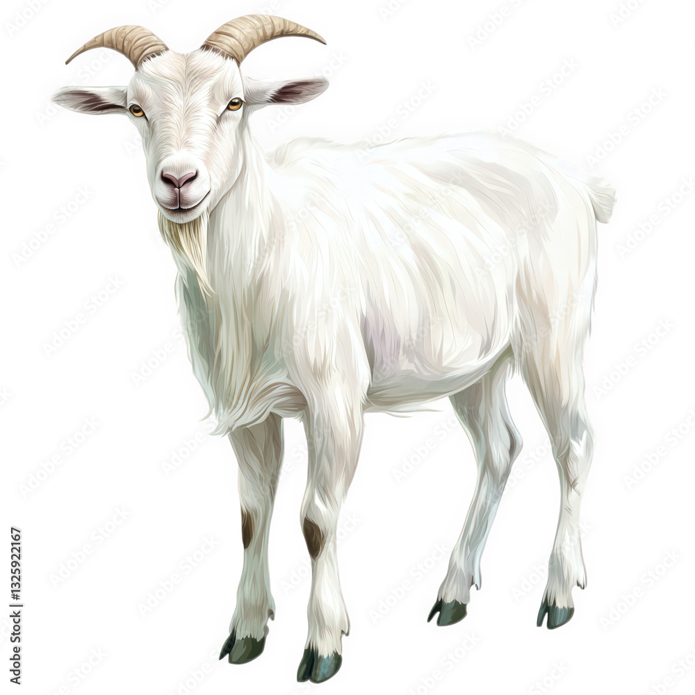 a white goat standing upright showcasing its fluffy coat and curved horns. goat's friendly expression and natural posture a white goat standing upright showcasing its fluffy coat and curved horns. goat's friendly expression and natural posture