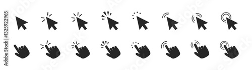 Computer mouse click cursor arrow icons set and loading icons. Clicking, selecting, dragging actions. Editable stroke