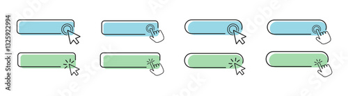 Blue and green buttons with clicking hand, arrow pointer set. Set of computer mouse click cursor icons. Click here vector template. 