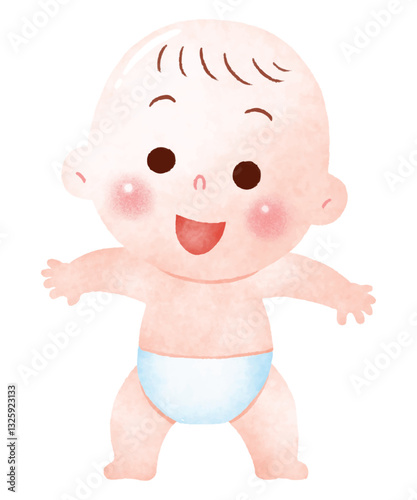 A cheerful baby standing with their arms wide open, showcasing an expression of joy and excitement