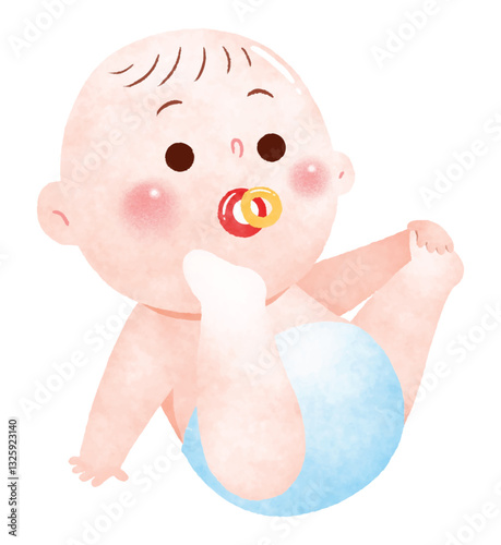 A cute baby lying on their back, sucking on a colorful pacifier while holding their foot. The baby has a joyful expression with rosy cheeks and is wearing a soft blue diaper