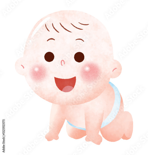 A happy baby crawling on the floor with a bright smile, wearing a light blue diaper
