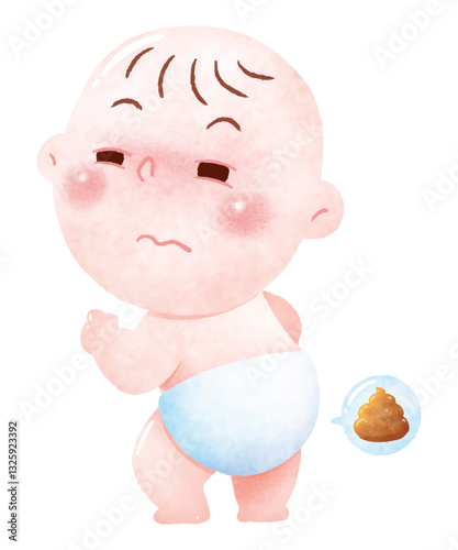 A baby standing and looking slightly uncomfortable as they experience a potty moment