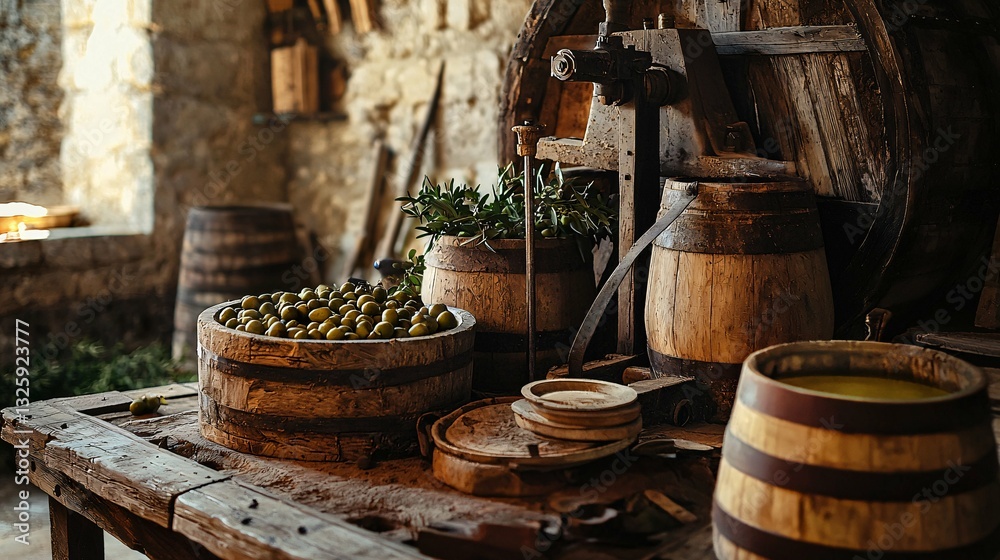 This image highlights the traditional craftsmanship of olive oil production with ancient stone millstones, wooden presses, and freshly harvested olives. This image highlights the traditional craftsmanship of olive oil production with ancient stone millstones, wooden presses, and freshly harvested olives.