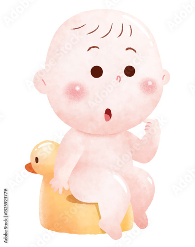 A cute watercolor-style digital illustration of a baby sitting on a duck-shaped potty with a surprised expression