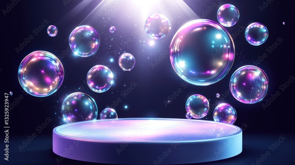 Floating shimmering bubbles and a pedestal illuminated by bright light Floating shimmering bubbles and a pedestal illuminated by bright light