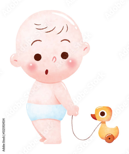 A curious baby in a white diaper holding a string attached to a small wooden duck toy