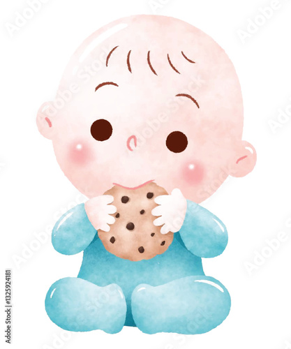 A cute baby in a light blue onesie happily sitting and munching on a chocolate chip cookie