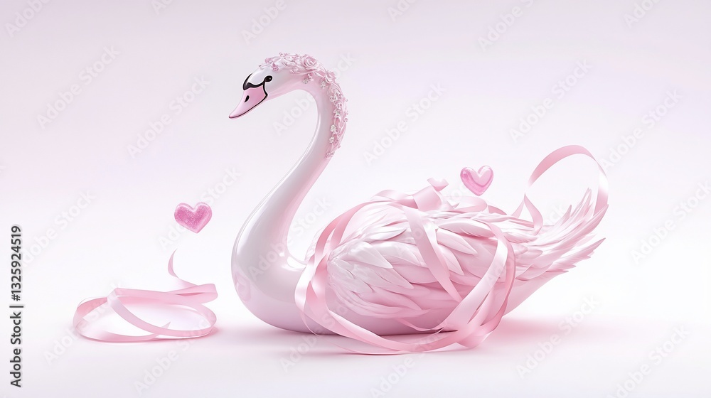 Fototapeta premium Pink swan figurine adorned with pink ribbons and hearts on a pink background.