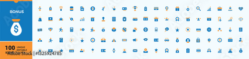 Bonus colorful icon set. Contains related to present, reward, win, exchange, discount and more. Icons for website. Credit filled icon. Vector illustration.