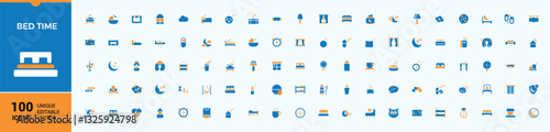 Bed Time colorful minimal icon set. Featuring relaxation, moon, sleep, rest, pillow, bed and more. Set of solid pictogram. Dream solid icons. Editable vector art.