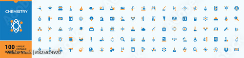Chemistry colorful icon set. Included lab, experiment, formula, chemical, biology, biotechnology, laboratory, research, science and more. Filled icons collection. Analysis filled icon.