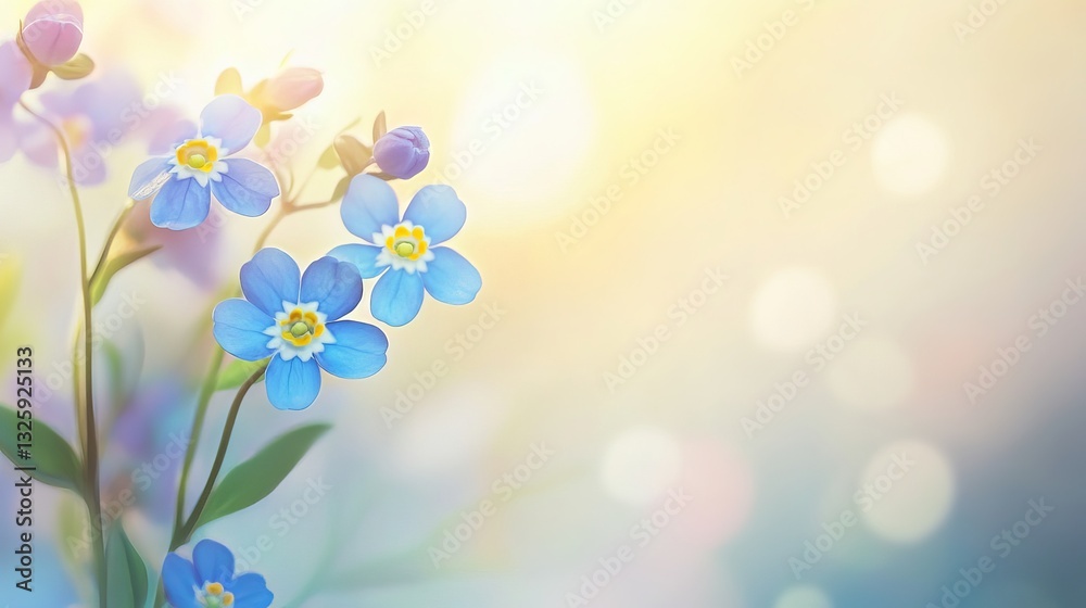 Obraz premium Delicate forget me not flowers on soft blurred pastel background banner
