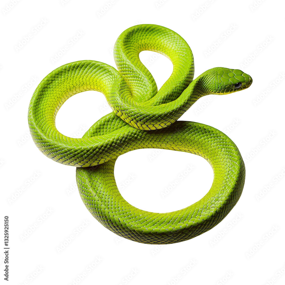 Obraz premium a vibrant green snake is coiled elegantly on a white surface showcasing its smooth scales and striking coloration. snake's unique features and natural beauty