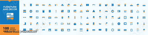 Set of Furniture colorful solid icons. Contains filled symbols like bed, office, house, sofa, home, decor and more. Simple solid vector. Furniture icon set. Minimal icon collections.