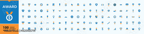 Award colorful modern icons set. Contains such icons as winner, championship, medal, prize, trophy, best, champion, achievement, cup. Icons for UI. Win icons set. Modern icon collections.