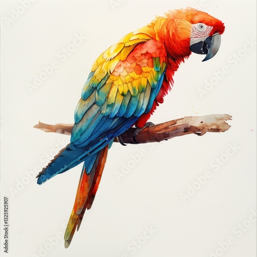 Watercolor painting of a parrot standing on a tree branch