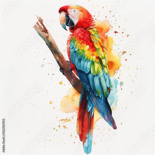 Watercolor painting of a parrot standing on a tree branch