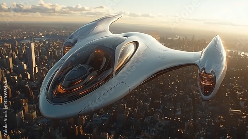 Fototapeta Naklejka Na Ścianę i Meble -  Futuristic spaceship flying over city at sunset.