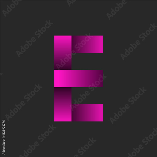 Pink gradient letter E logo bright design with ribbon effect, stylish 3d typography monogram, elegant folded paper style, futuristic typeface on dark background.