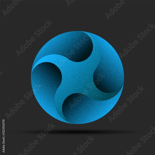 Abstract impeller curved blades logo, futuristic 3d geometric shape with gradient and noise texture, blue circular pattern on dark background, dynamic fluid form for hydraulics system.