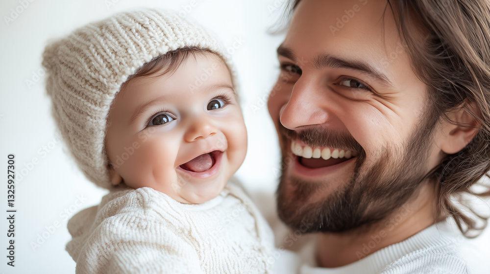 Portrait of happy father and his adorable little daughter in white knitted hat Portrait of happy father and his adorable little daughter in white knitted hat
