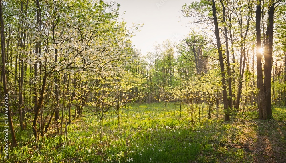 Fototapeta premium summer forest with green trees and blooming plants bathed in soft diffuse morning light