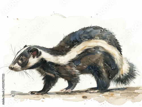 Watercolor painting style, white striped skunk