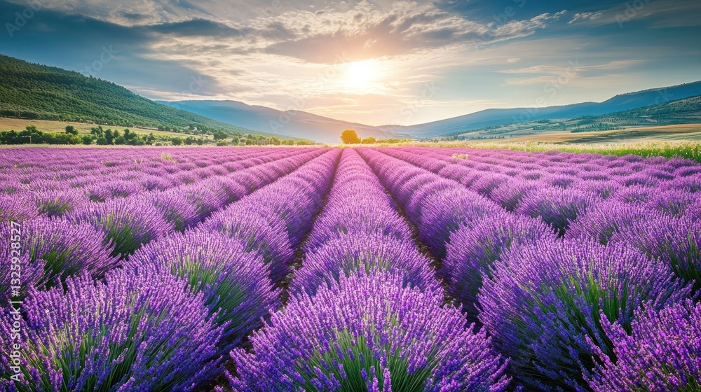 Fototapeta premium Lavender Field Sunrise Mountain View