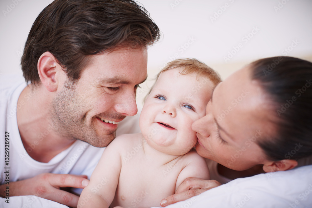 Happy, parents and kiss baby in home for bonding, connection or development support. Love, family and people with child in house for playing routine, security and affection with smile, care and trust Happy, parents and kiss baby in home for bonding, connection or development support. Love, family and people with child in house for playing routine, security and affection with smile, care and trust