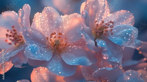 Beautiful cherry blossoms covered in dew glistening in morning light during spring
