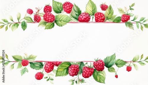 A watercolor frame with vibrant wild raspberries and their delicate leaves