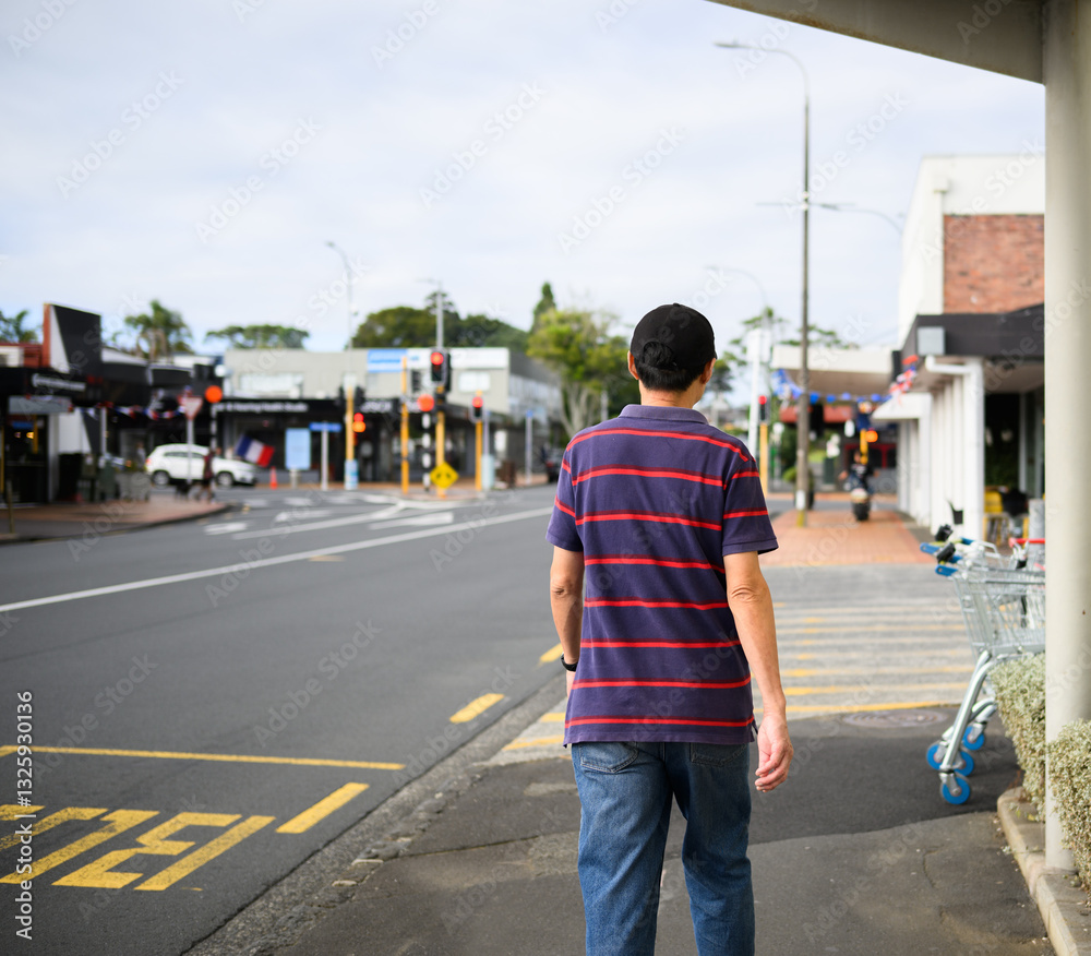 Man walking on the pedestrian walkway. BUS sign painted on the roadside. Auckland.