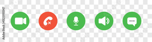 Icon Videocall. Set of video chat and user interface symbols. Phone, sound, microphone, camera, call buttons isolated on transparent background. Vector illustration in flat style.