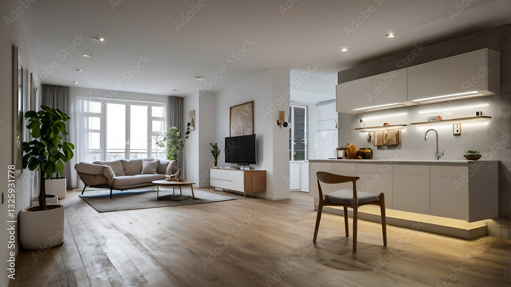 Fototapeta premium modern living room, An energy efficiency concept showcasing a modern LED lighting, and energy-saving appliances, symbolizing low power consumption and the adoption of renewable energy sources