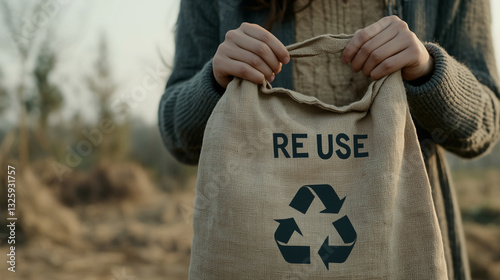 a person holding a reusable bag with re use and recycling symbol. a visual promoting environmental consciousness and sustainable practices.