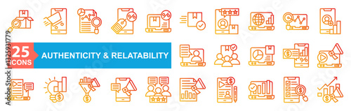 Authenticity and Relatability Icon Sheet Quality Control, Online Shopping, Data Analytics, Discount, Laptop, Free Delivery, Feedback, Website, Research, Subscription, Customer Service, Audience