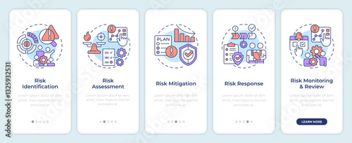 Risk management process onboarding mobile app screen. Walkthrough 5 steps editable graphic instructions with linear concepts. UI, UX, GUI template. Montserrat SemiBold, Regular fonts used