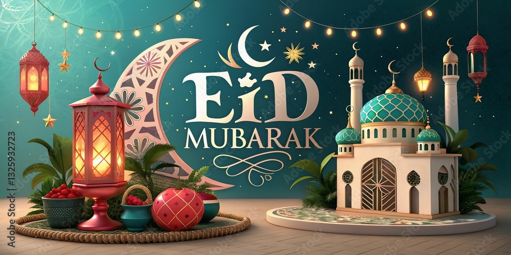 Fototapeta premium Spectacular 3D Eid Mubarak Post with Glowing Lamps, Crescent Moon, and a Festive Artistic Background