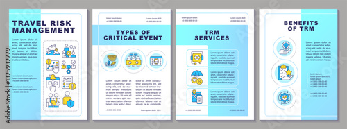Travel risk management blue brochure template. Services for tourists to stay safe. Journey protection. Leaflet design with linear icons. Editable 4 vector layouts. Arial, Myriad Pro-Regular fonts used