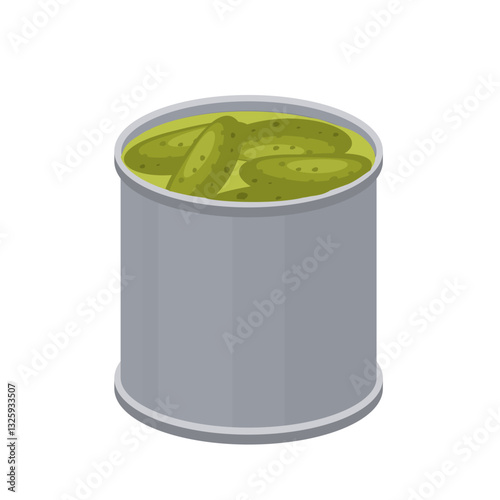 Canned cucumbers. Metal can with canned food, vector illustration.