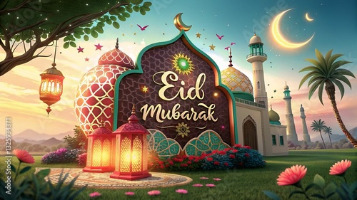 Magnificent 3D Eid Mubarak Post with Glowing Lamps, Crescent Moon, and a Captivating Festive Background