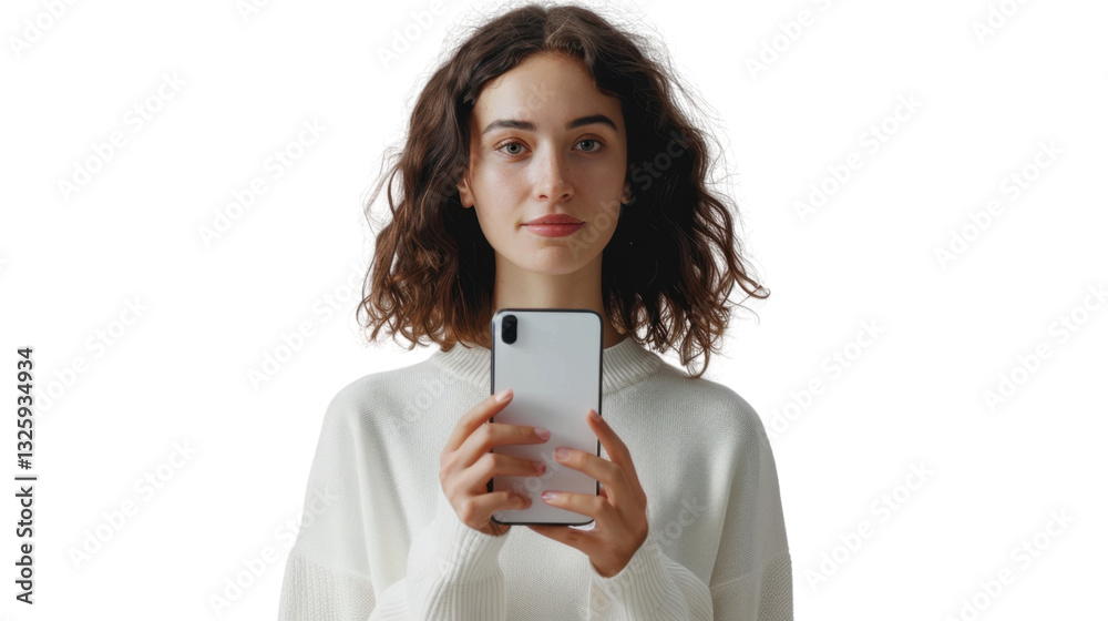Young woman showing smartphone with transparent background Young woman showing smartphone with transparent background