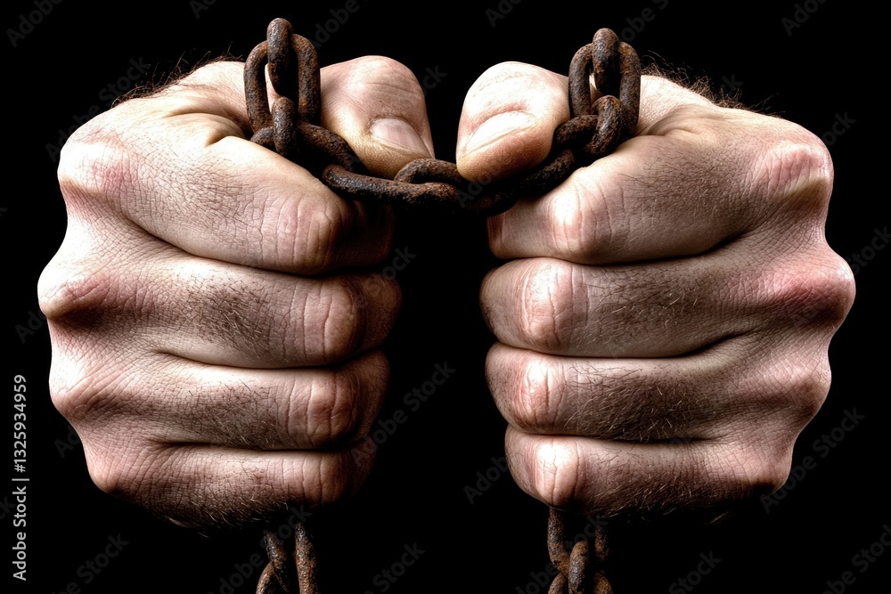 Fototapeta premium Strong Hands Gripping Rusty Chains in Dark Background Evoking Feelings of Struggle
