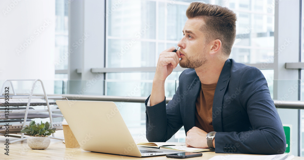 Thinking, idea and businessman on laptop in office for planning, problem solving and investment research. Professional, corporate and person for solution, company insights and financial decision Thinking, idea and businessman on laptop in office for planning, problem solving and investment research. Professional, corporate and person for solution, company insights and financial decision