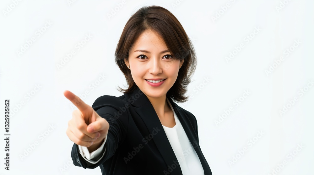 Confident businesswoman pointing forward with a smile in a professional setting. Confident businesswoman pointing forward with a smile in a professional setting.