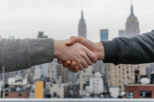 Handshake Between Two Individuals with New York City Skyline in Background