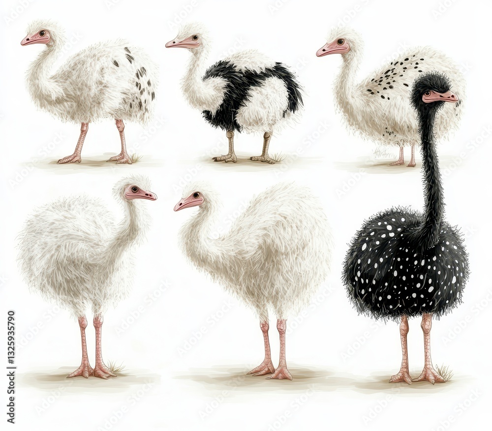 Obraz premium Six Young Emus in Various Plumages, Digitally Painted Illustration