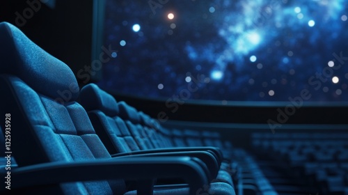 Empty theater seats facing a cosmic space projection.